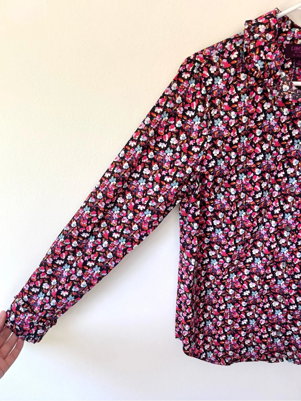 J. Crew Liberty Floral Print Sarah Button Down Front Neck Tie Preppy Black Pink - Picture 7 of 12